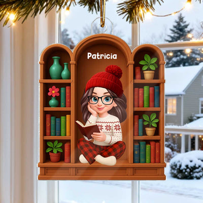 Christmas Cozy Vibe Pretty Girl Reading Book In Arched Bookshelf - Personalized Acrylic Ornament