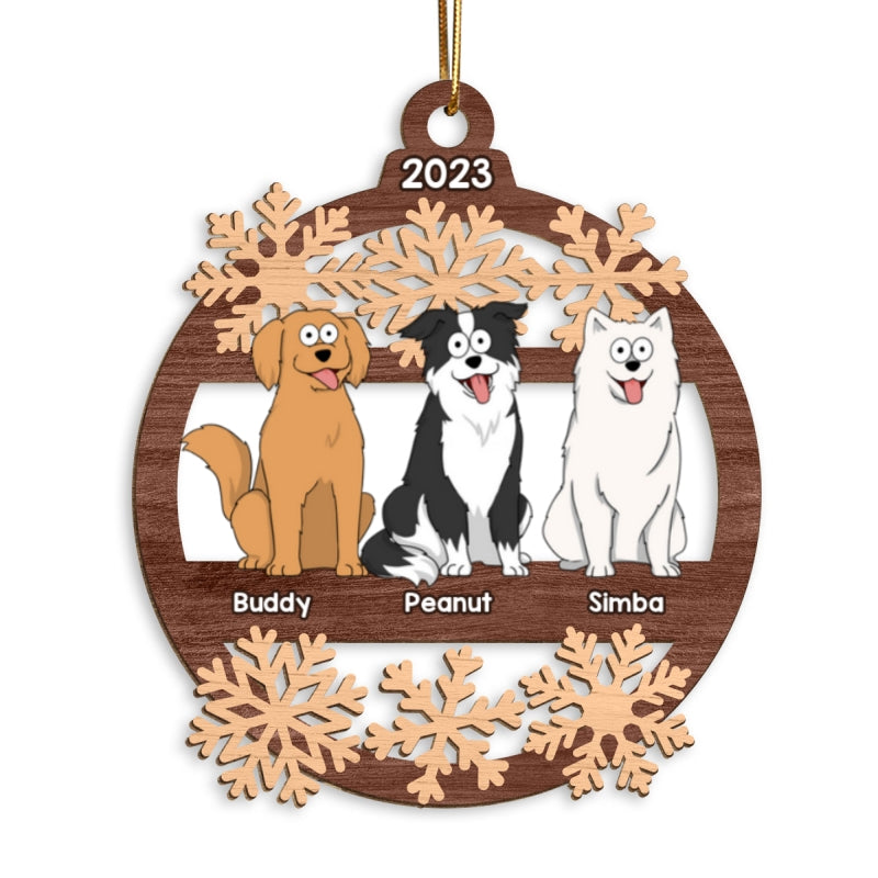 Snowflake Funny Cartoon Dogs Sitting Personalized Christmas Wooden Ornament