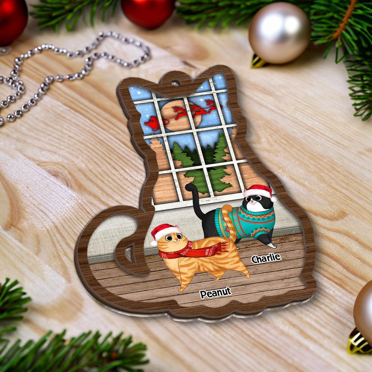 Full Cat Shaped Personalized Christmas 2-Layer Wooden Ornament