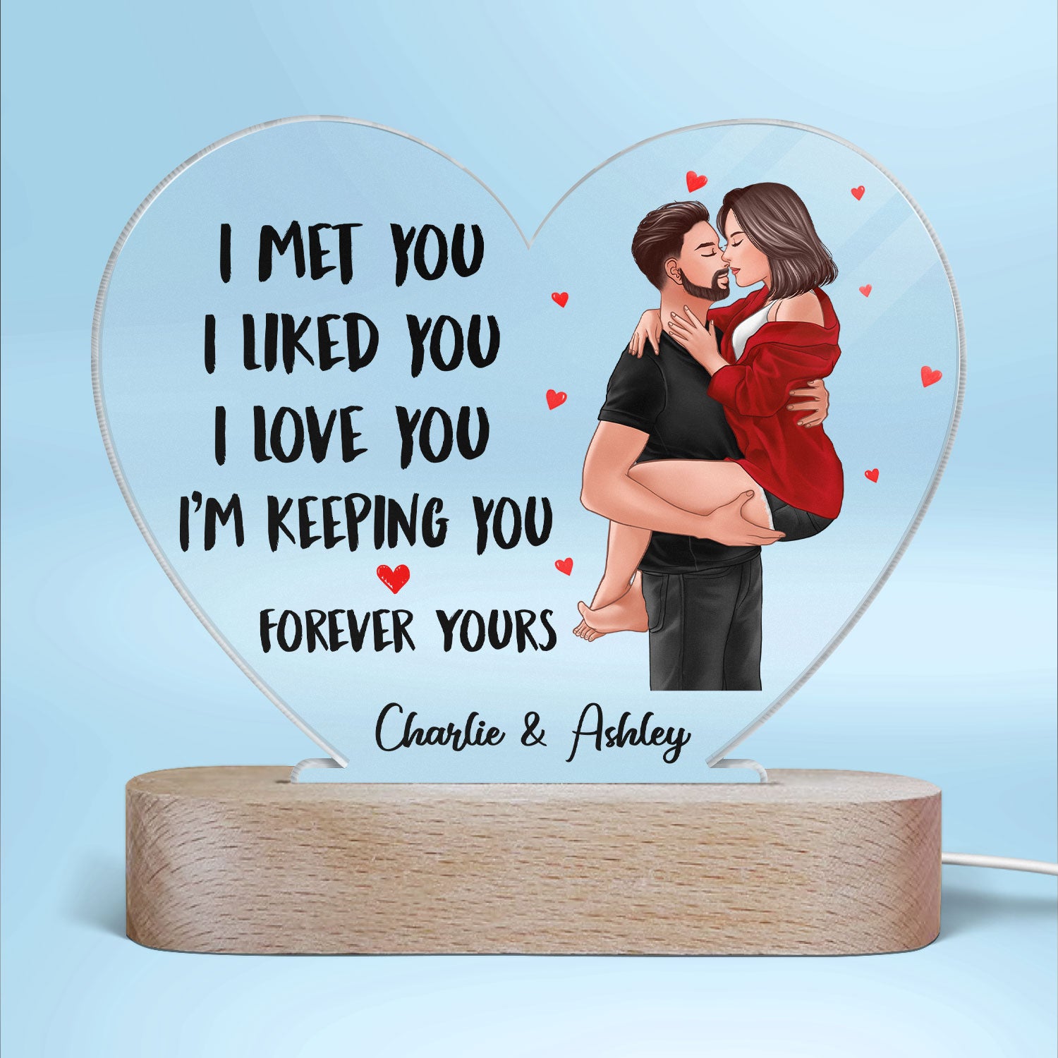 Man Holding Woman Kissing Gift For Him For Her Personalized Acrylic Heart Plaque With LED Night Light
