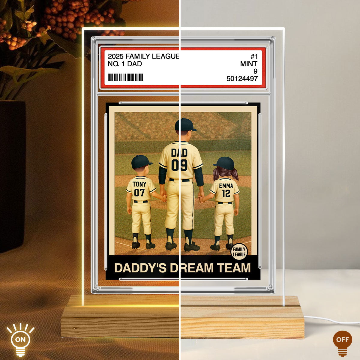 Baseball No. 1 Dad Man & Kids Trading Card Style Personalized Acrylic Plaque With LED Night Light