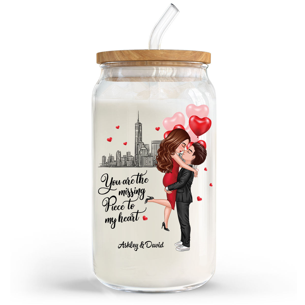 Couple Hugging Kissing You‘re The Missing Piece To My Heart Personalized Clear Glass Can