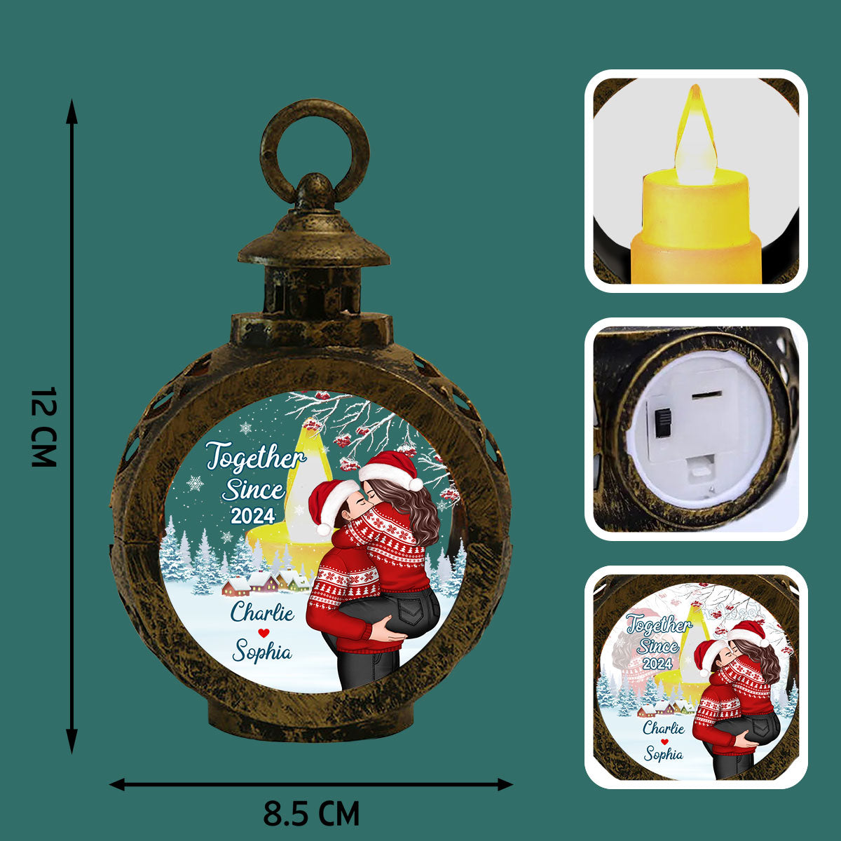 Couple Hugging Kissing Personalized Lantern Ornament, Christmas Gift For Him, For Her