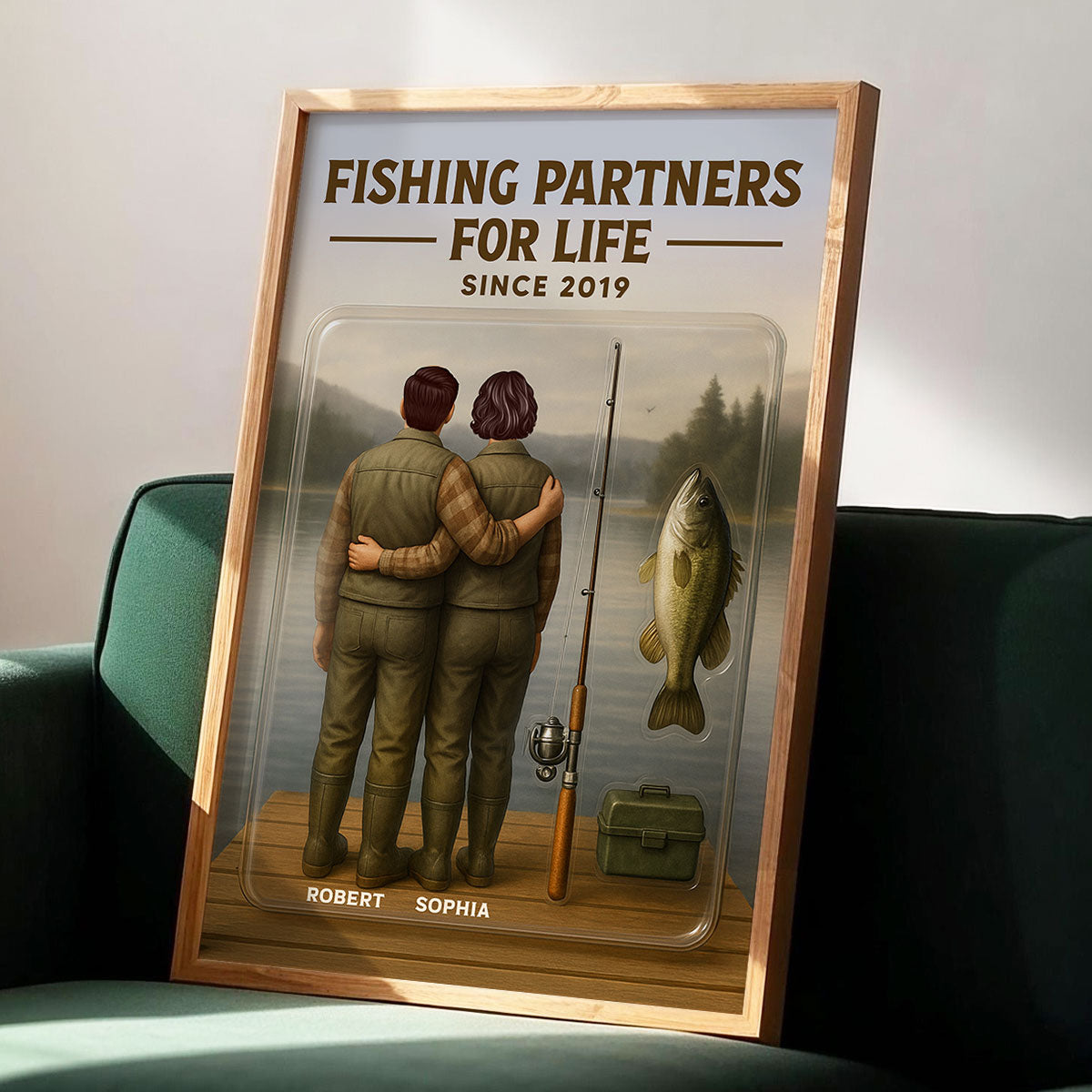 3D Effect Custom Figure Couple Fishing Partners For Life Personalized Poster