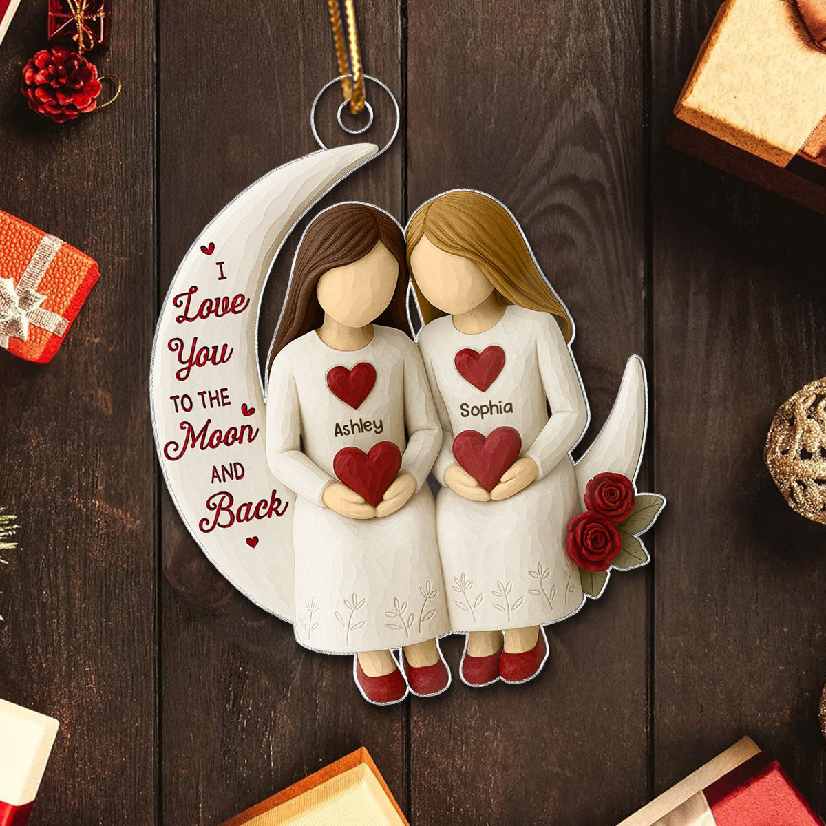 3D Effect Roses Besties On Moon - Personalized Acrylic Ornament - Christmas Gift For Best Friends