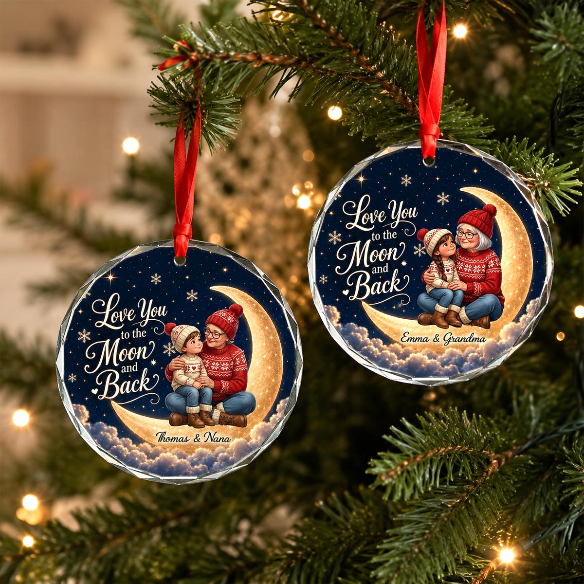 Love You To The Moon And Back Grandma Grandkid Portrait From Your Photo - Personalized Glass Ornament - Christmas Gift For Grandchildren