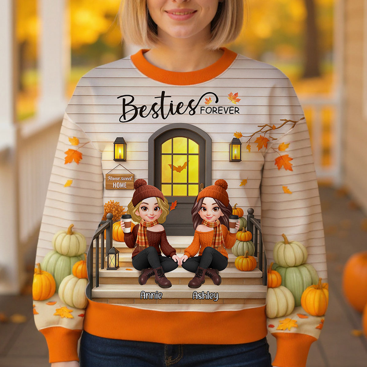 Fall Season Best Friends Sisters Front Porch Personalized 3D Sweatshirt