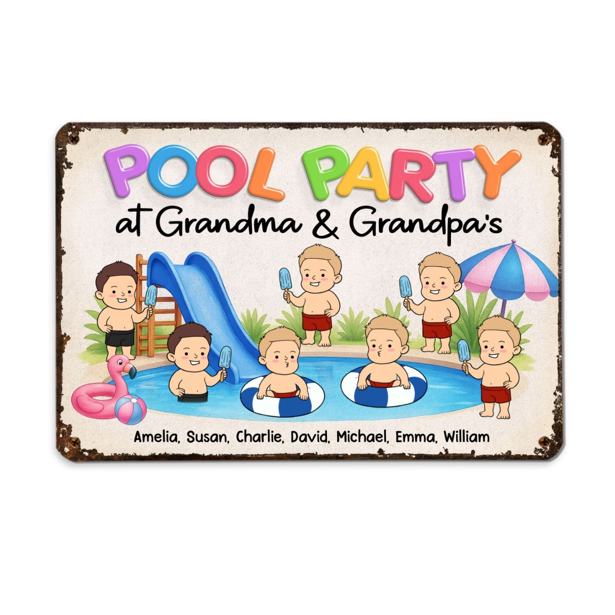 Funny Cartoon Kids Pool Party At Grandma Grandpa Personalized Metal Sign