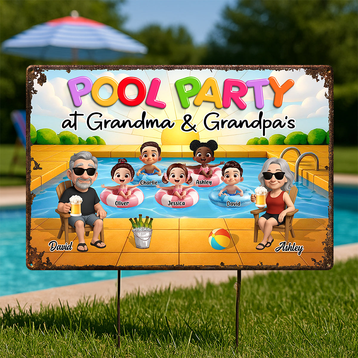 Pool Party At Grandma Grandpa Personalized Metal Sign, Grandparents Hosting Grandkids