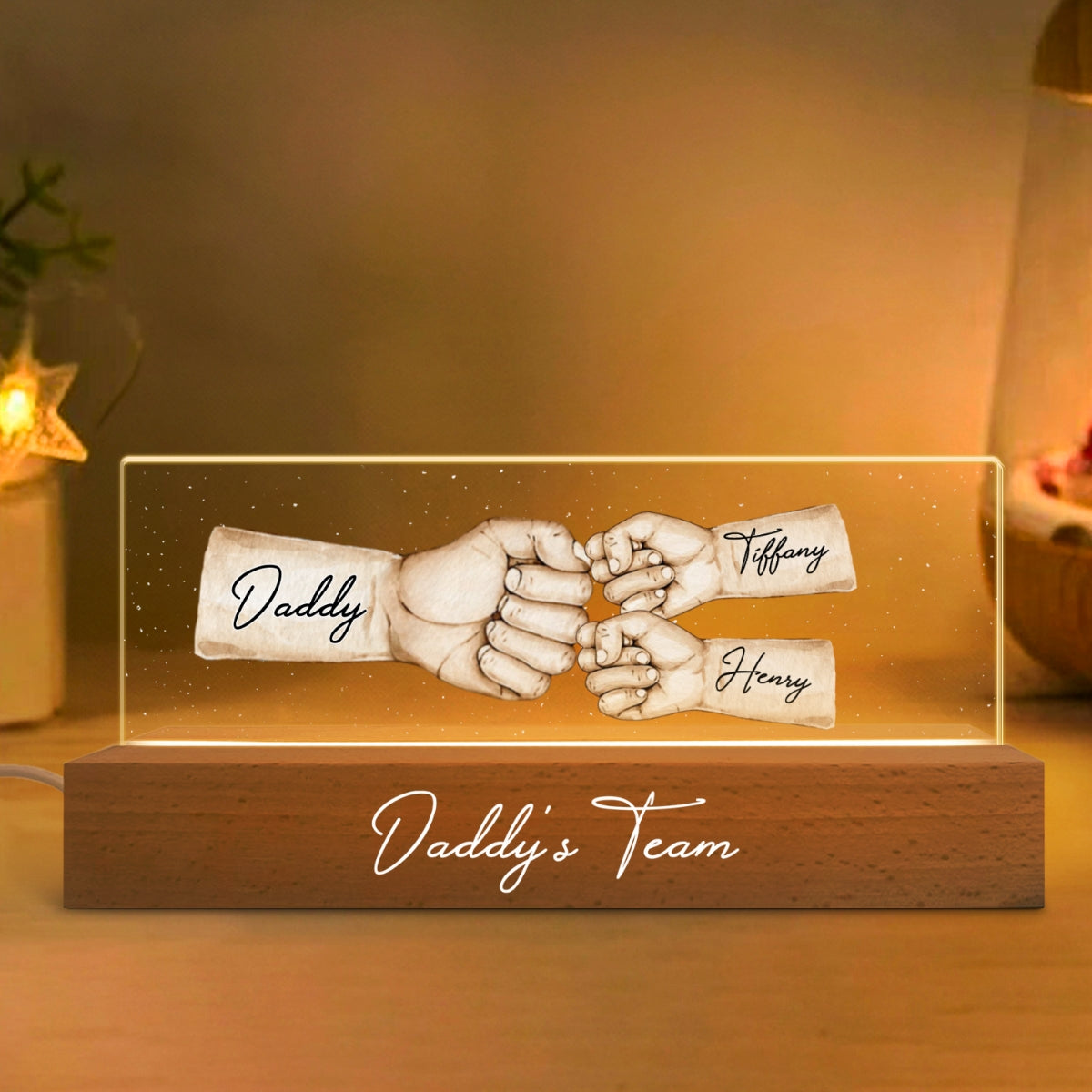 Daddy's Team Fist Bump - Personalized Acrylic Block Plaque LED Night Light - Gift For Dad, Gift For Husband, Gift For Grandpa
