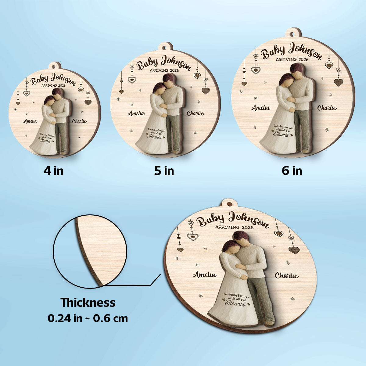 2D Flat Waiting For You With All Our Hearts Couple Expecting Baby - Personalized 2-Layer Wooden Ornament, Baby Shower Gift For Parents-to-be