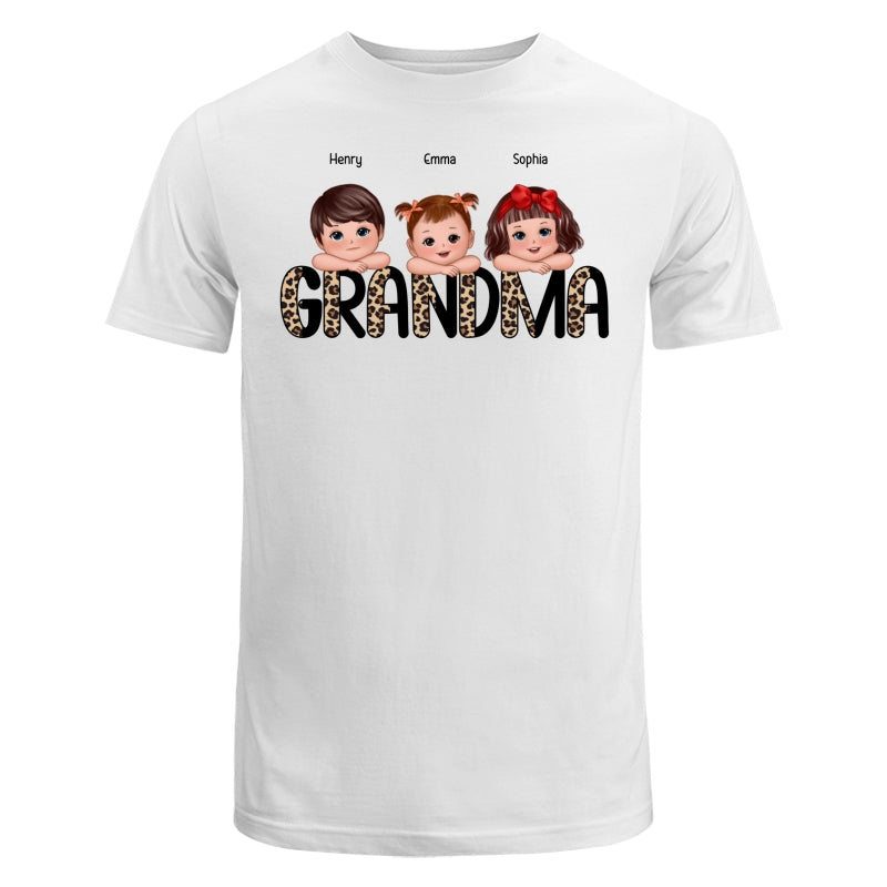 Half Leopard Grandma Cute Grandkids Laying Head On Arms Personalized Shirt