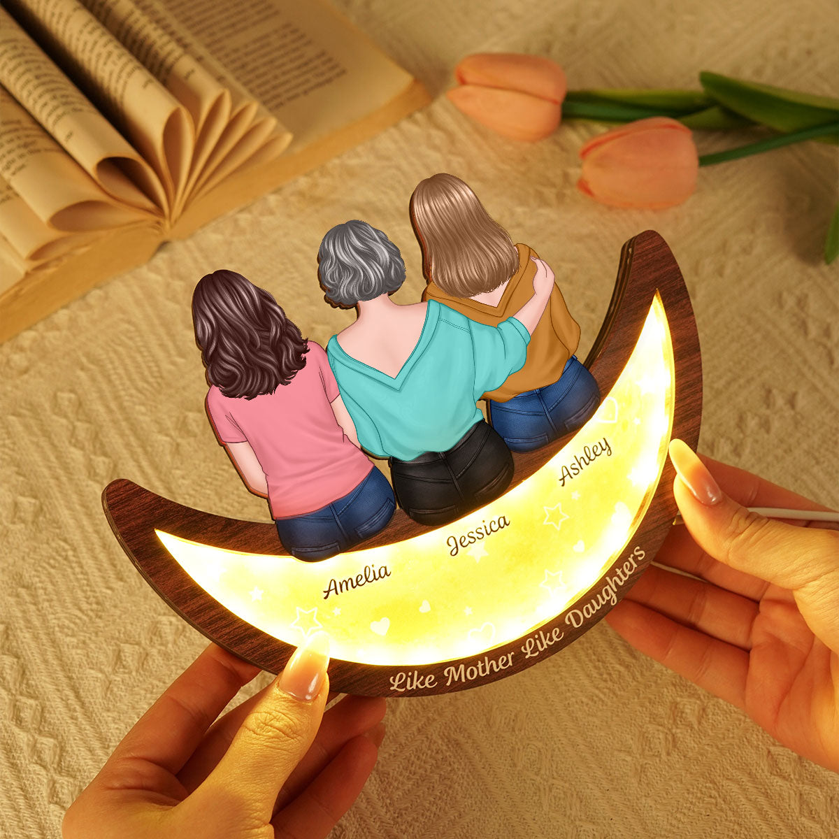 Mother Daughters Sitting On Moon Personalized 2-Layered Wooden Plaque With LED, Mother's Day gift for Mom for Daughters