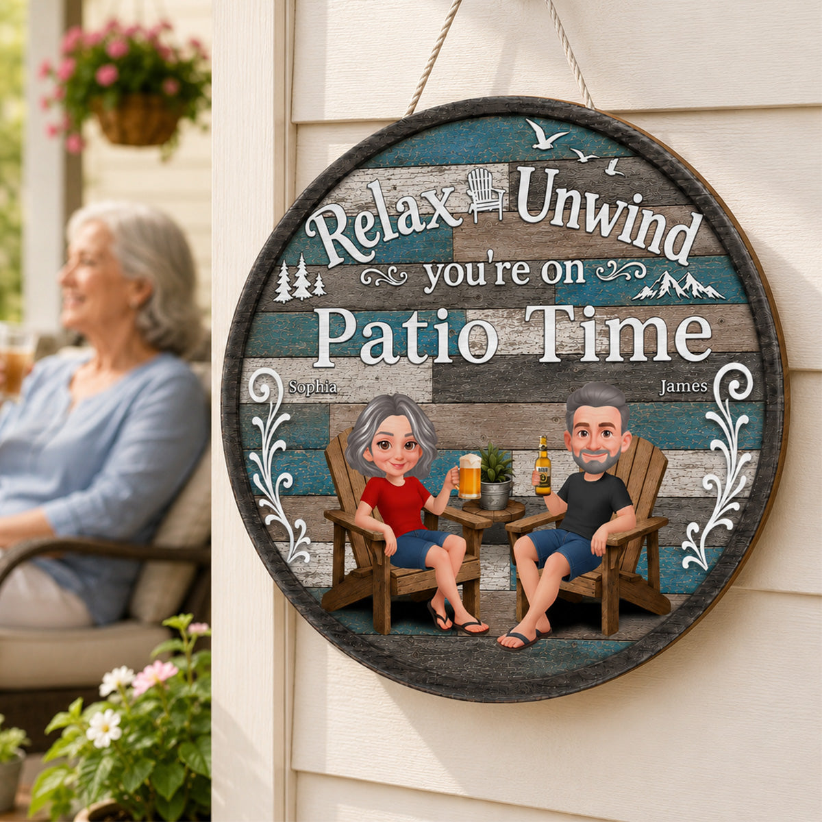 Relax Unwind You're On Patio Time - Personalized Round Wood Sign - Decor Patio Sign
