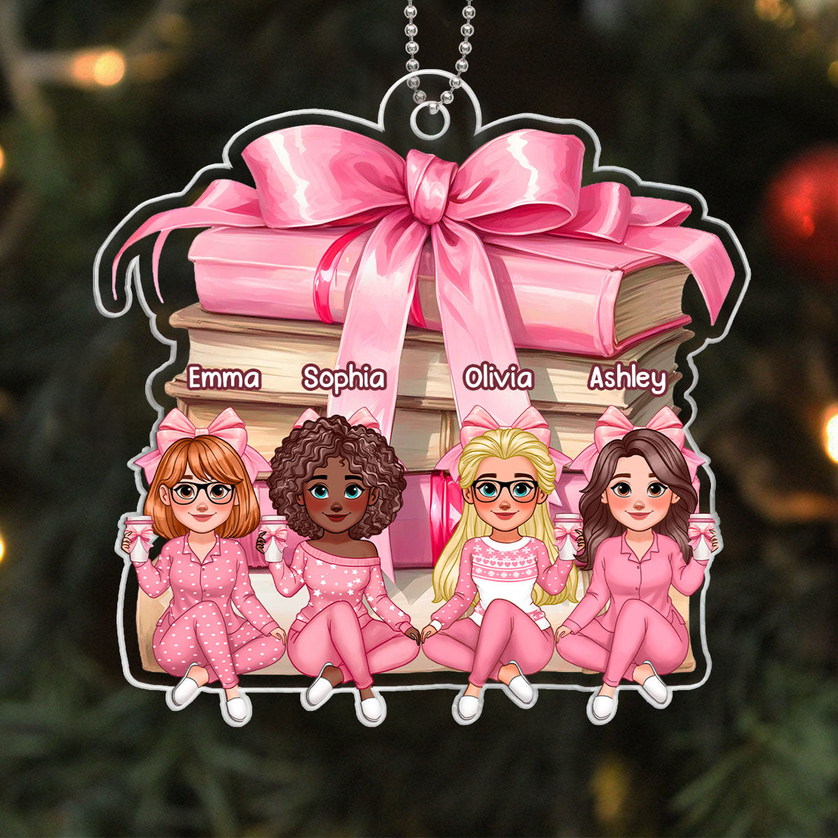 Coquette Stack of Book Besties Sitting Personalized Acrylic Ornament, Gift for Book Lovers