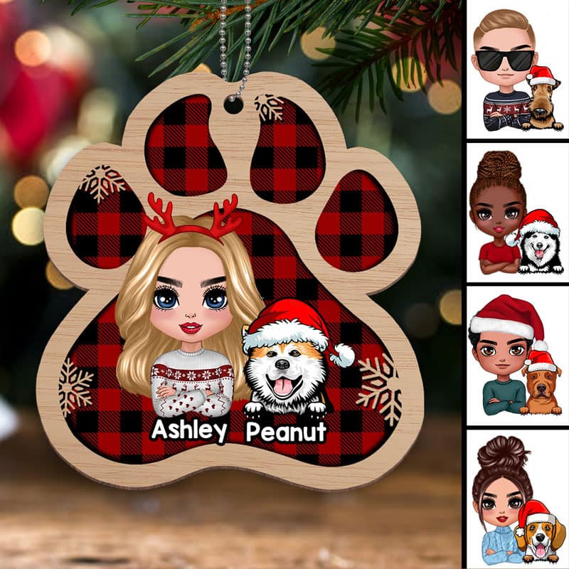 Dog Mom Dog Dad Paw Shape Christmas Personalized Wooden Ornament