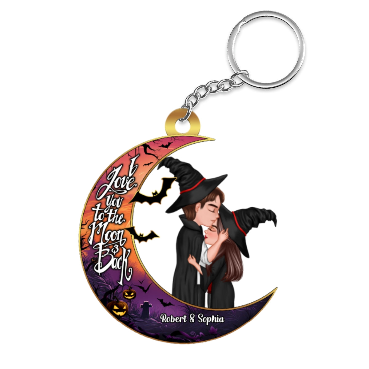 Halloween Couple Kissing On Moon Personalized Keychain