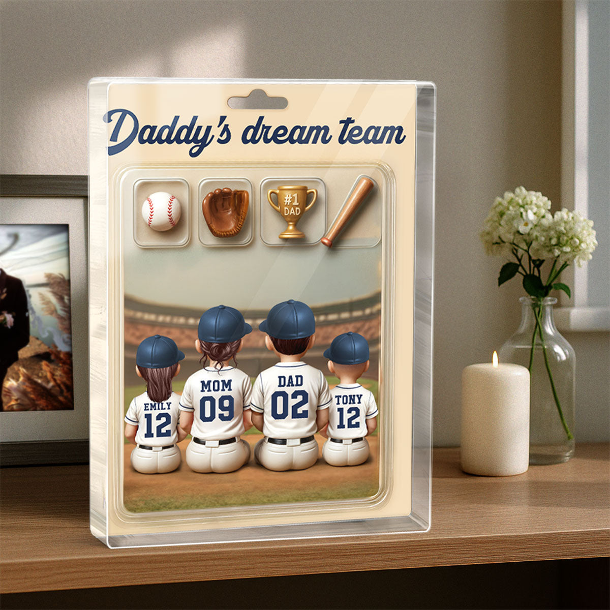3D Effect Custom Figure Baseball Family Daddy's Dream Team Personalized Rectangle Acrylic Block Plaque