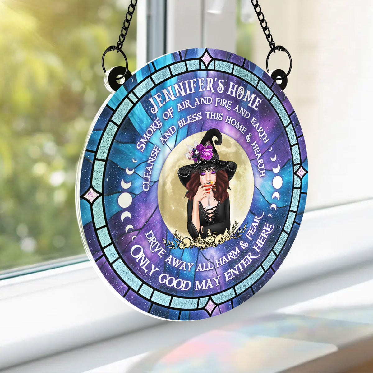 Smoke Of Air And Fire And Earth, Halloween Personalized Window Hanging Suncatcher Ornament, Halloween Witch Decor