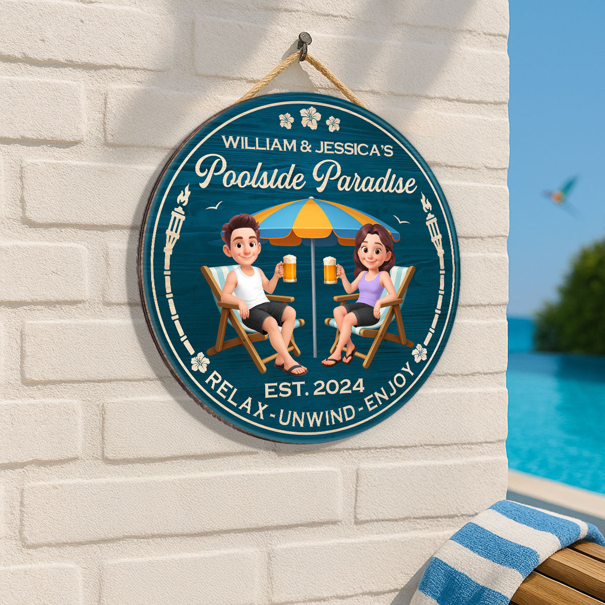 Couple Blue Ocean Poolside Paradise Personalized Wood Sign