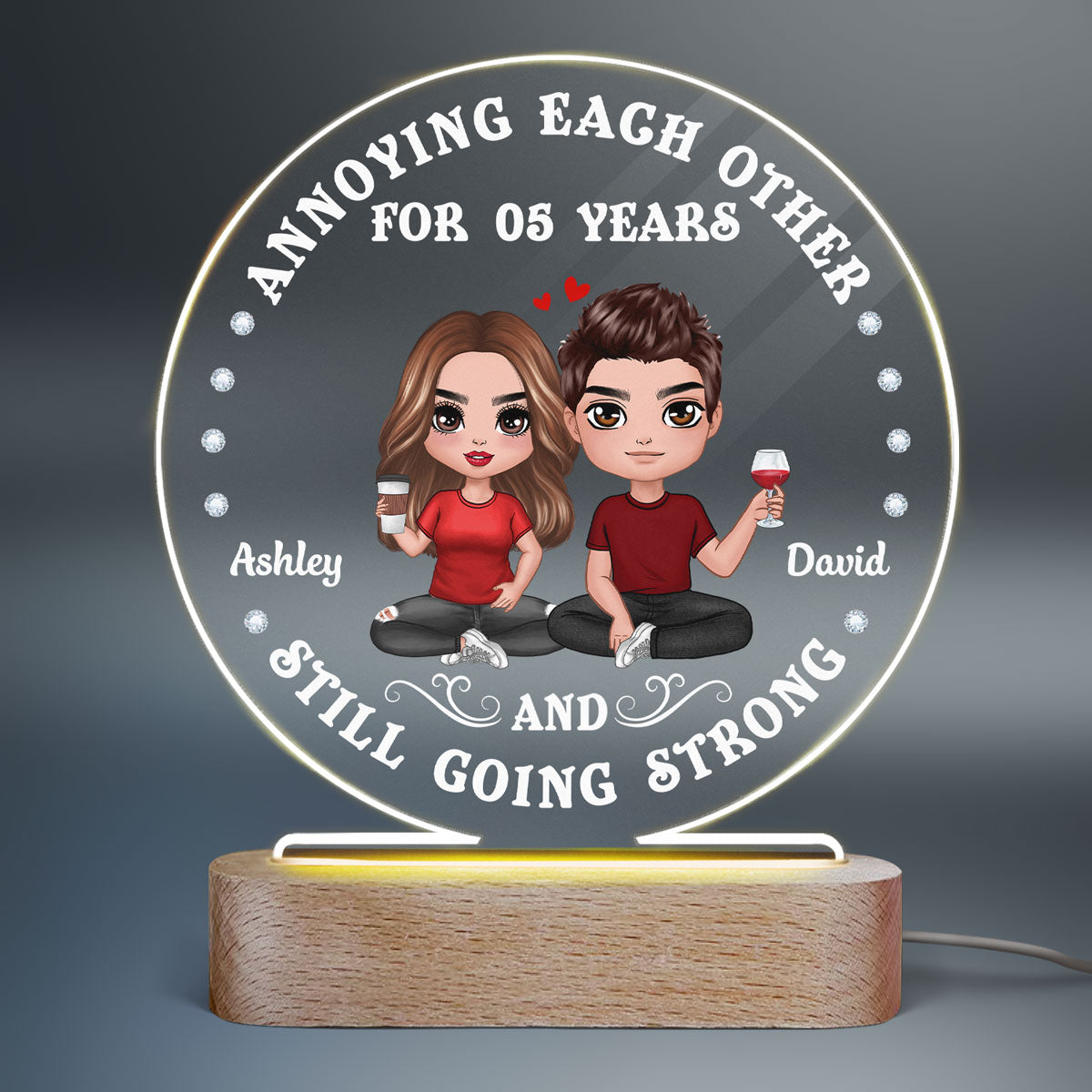Doll Couple Annoying Each Other Personalized Circle LED Night Light - Valentine‘s Day Gift For Him, Gift For Her
