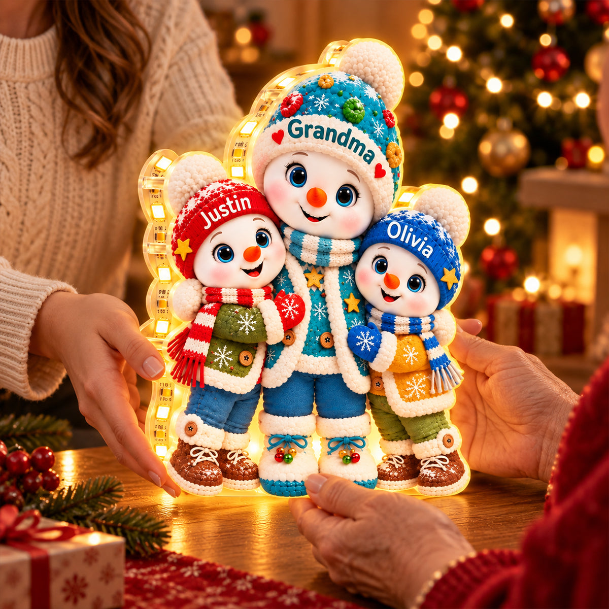 Cute Snowman Grandma and Grandkids - Personalized Light Box - Christmas Gift for Grandma 