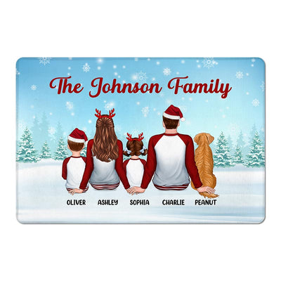 Christmas Pajamas Family In Snow Back View Personalized Doormat