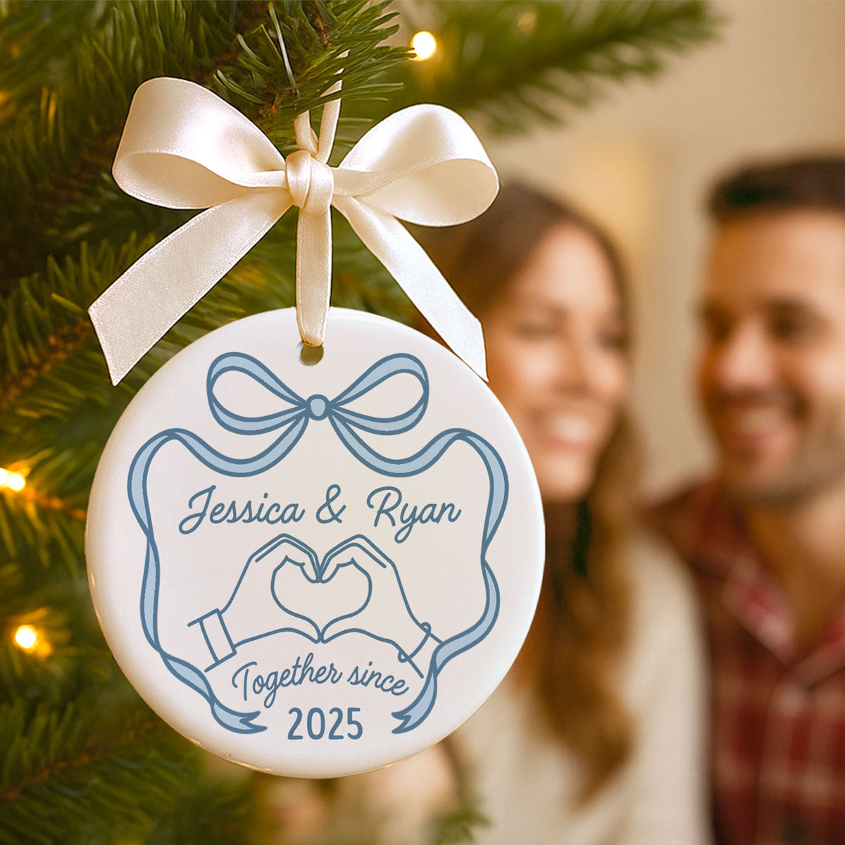 Couple Heart Hand Outline Christmas Personalized Ceramic Ornament