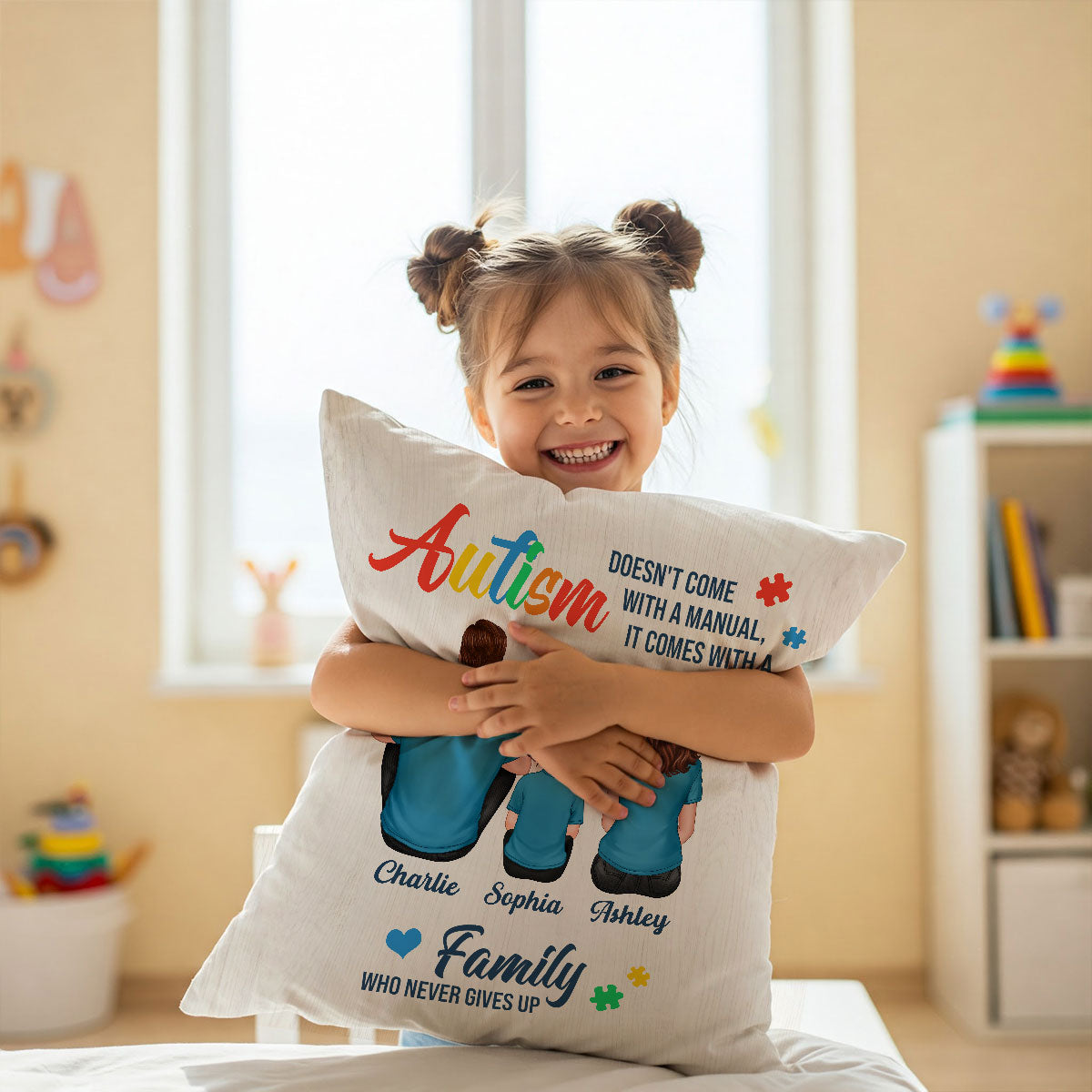 Autism Comes With A Family Never Give Up Family Back View Personalized Pillow
