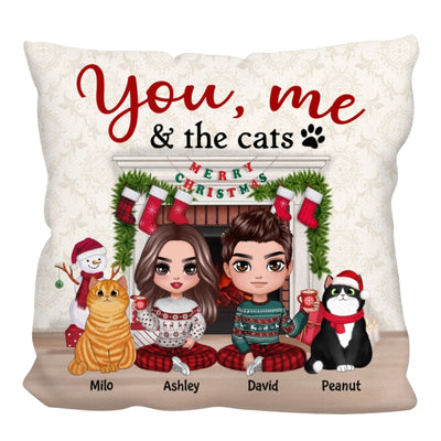 Doll Couple You Me & The Cats At Christmas Fireplace Personalized Pillow (Insert Included)
