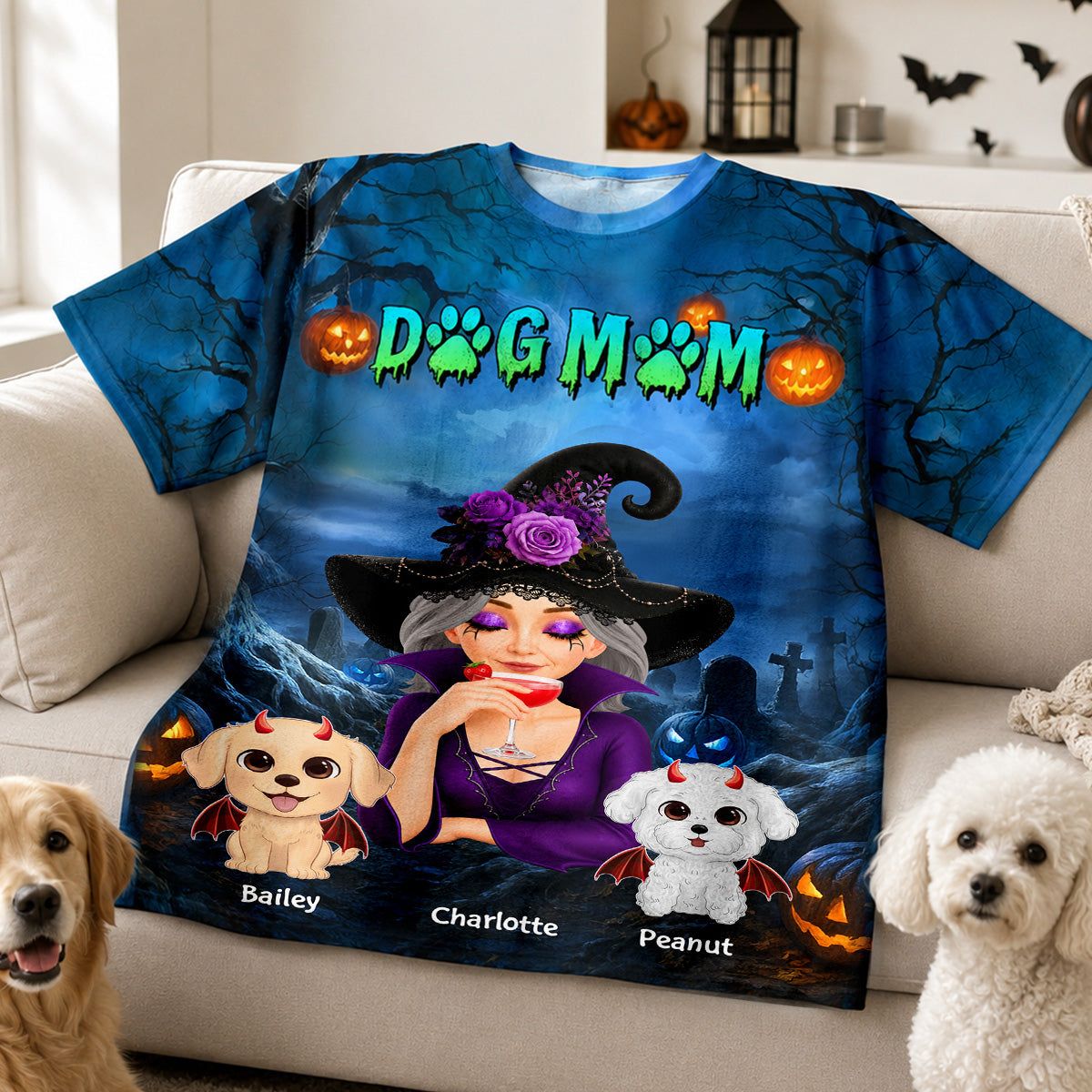 Dog Mom In Halloween Night Blue Theme - Personalized Shirt - Halloween Costume for Dog Lovers