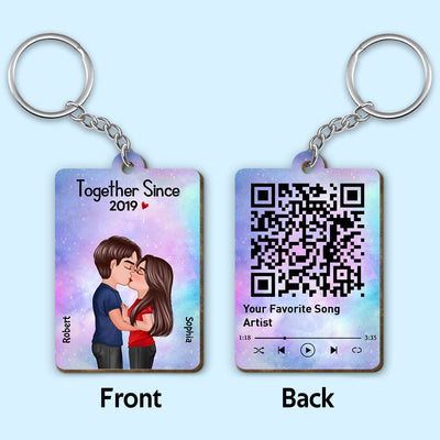 Doll Couple Kissing Together Since Favorite Song Scannable QR Code Personalized Wooden Keychain