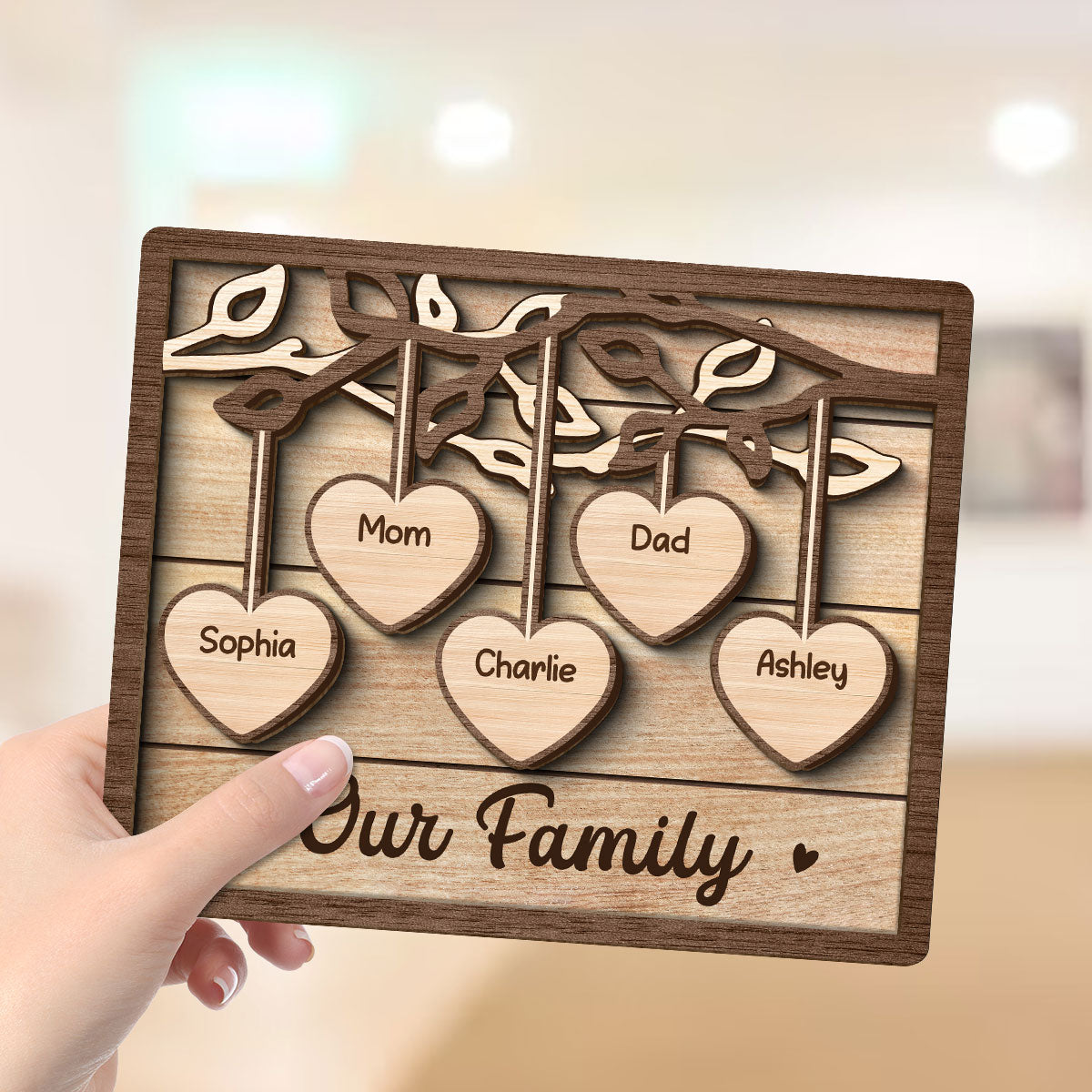 Family Tree Sign Grandkids Names Hanging Hearts Home Decor Personalized 2-Layer Wooden Plaque