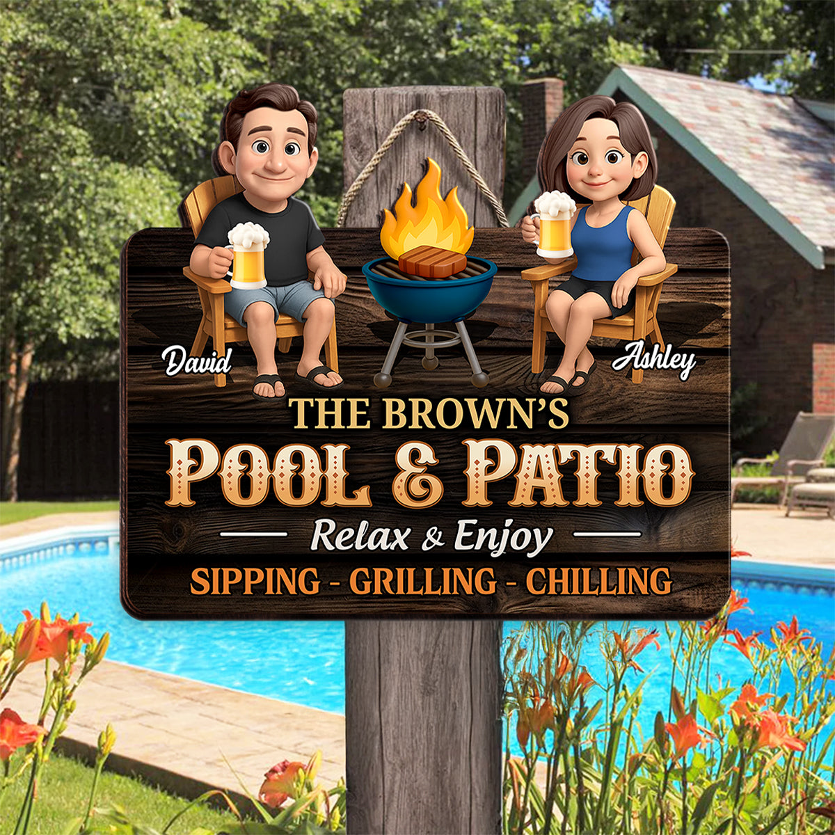 Couple Pool & Patio Sipping Grilling Chilling Personalized Wood Sign