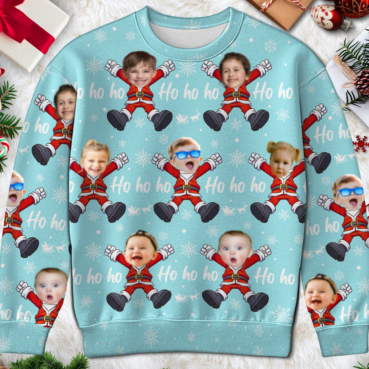Ho Ho Ho Family Photo Upload Funny Christmas Personalized Faux Knit Ugly Sweater