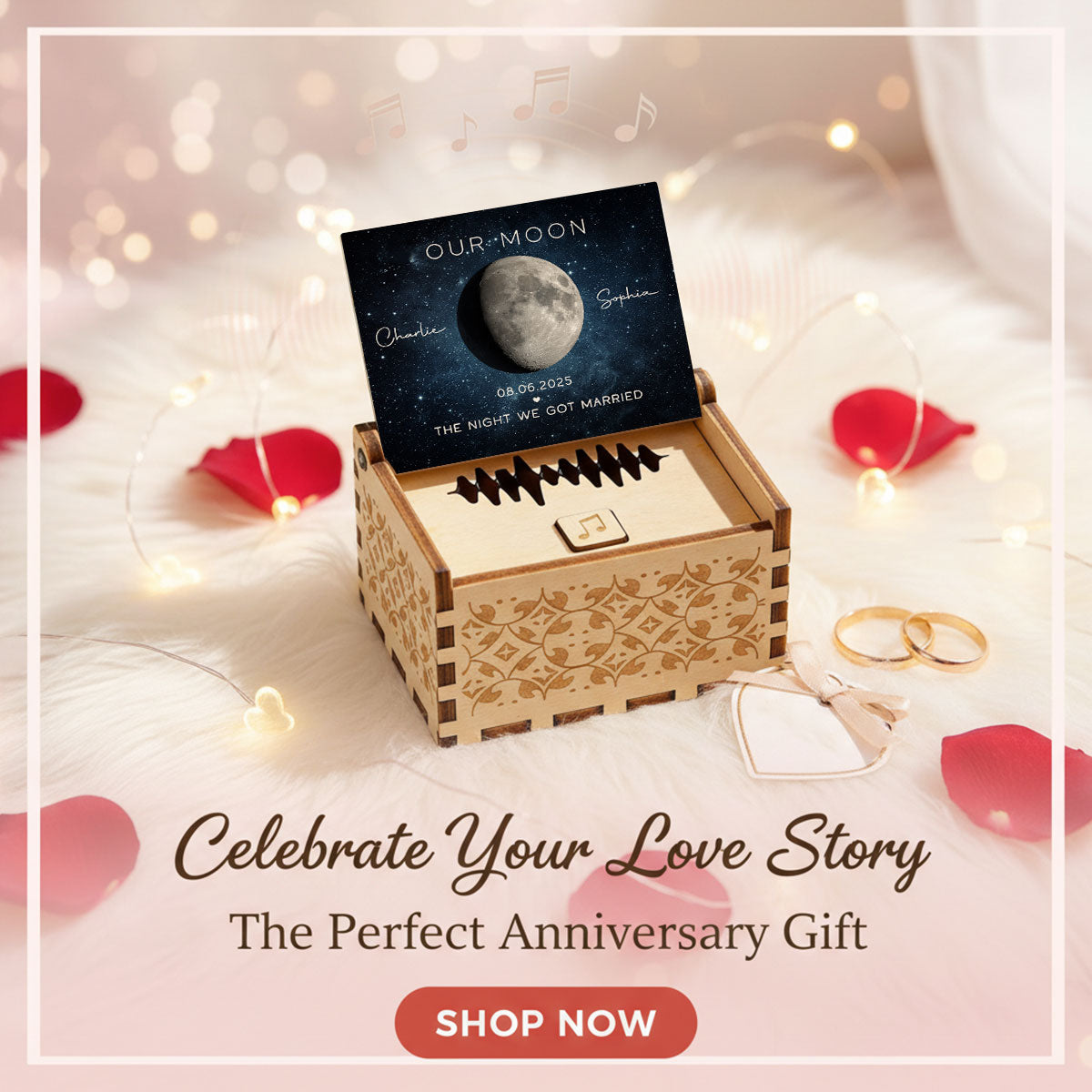 Our Moon Custom Moon Phase & Favorite Song - Personalized Wooden Music Box - Valentine's Day Gift For Him, Gift For Her