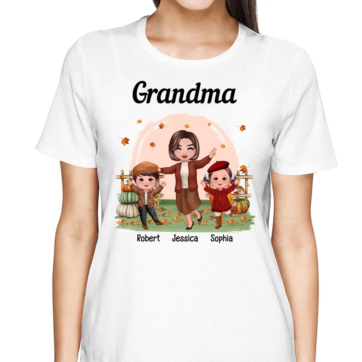 Fall Season Happy Doll Grandma And Grandkids In The Pumpkin Patch Personalized Shirt