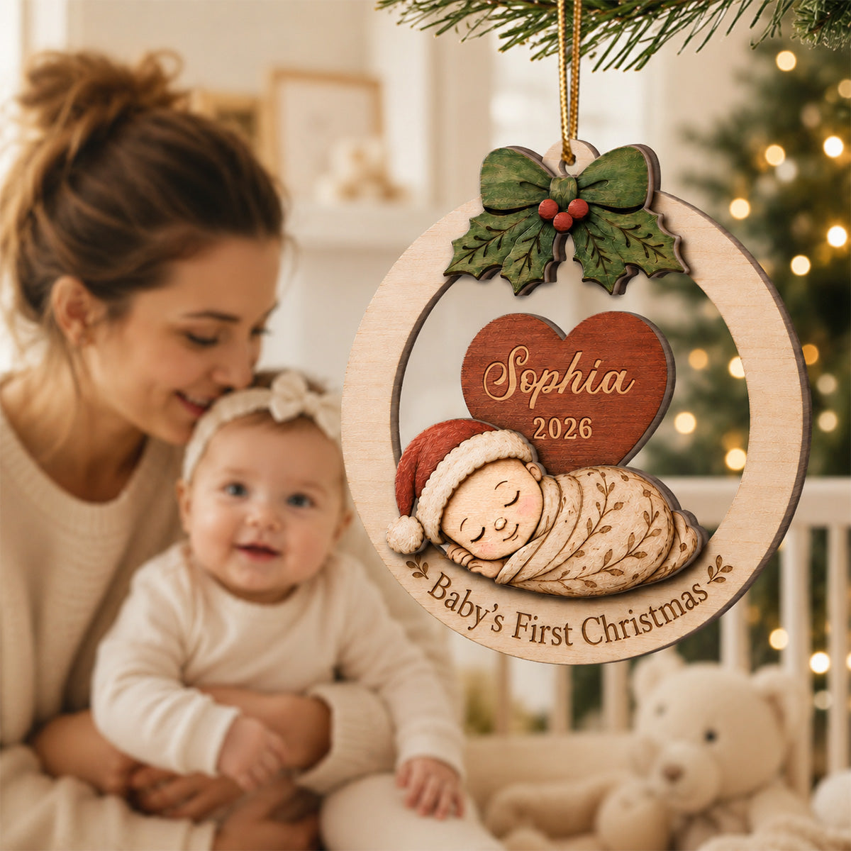 Baby's First Christmas Baby Sleeping - Personalized 2-Layered Wooden Ornament - Baby's 1st Christmas Keepsake
