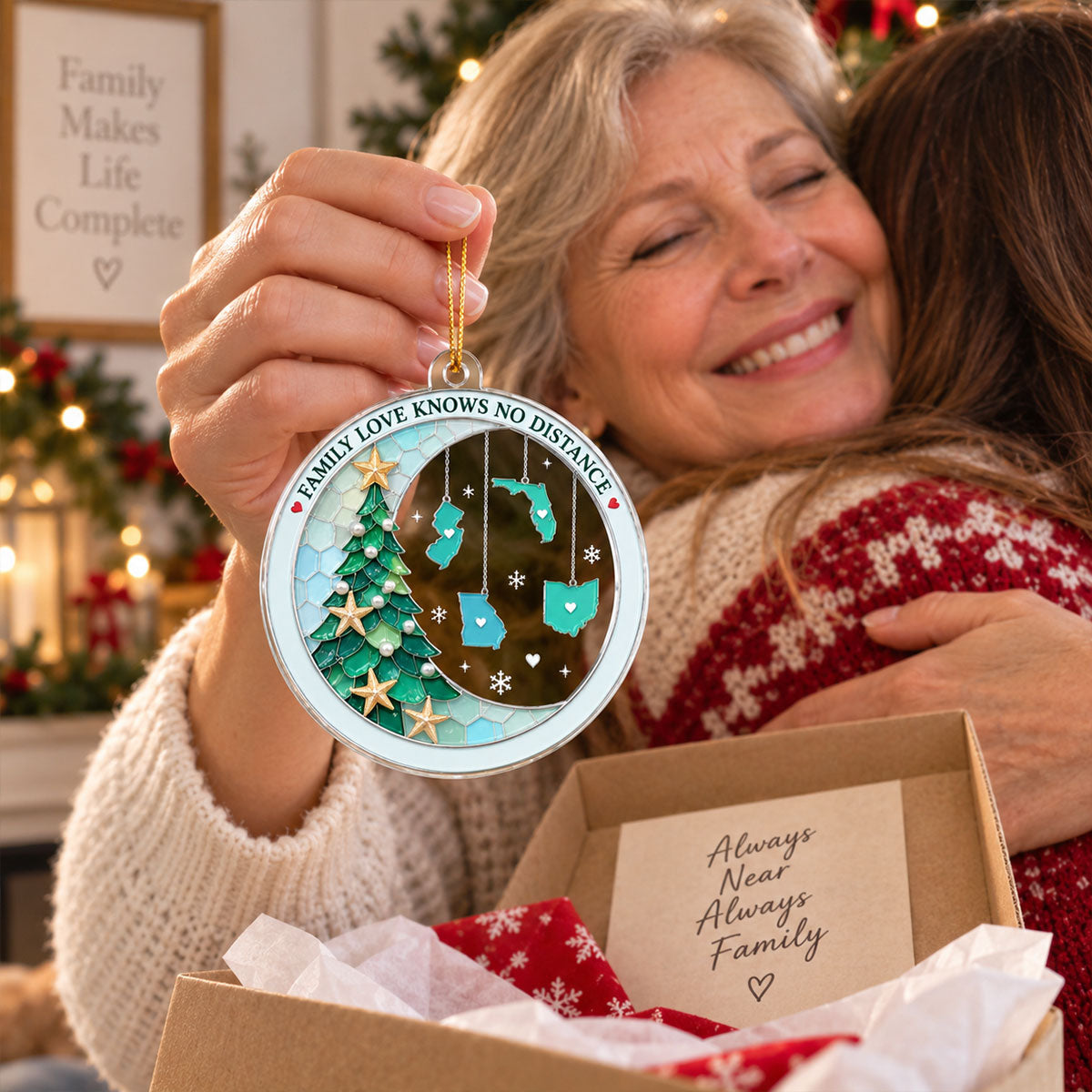 Family Love Knows No Distance 2D Flat Printed - Personalized Acrylic Ornament - Christmas Gift For Family