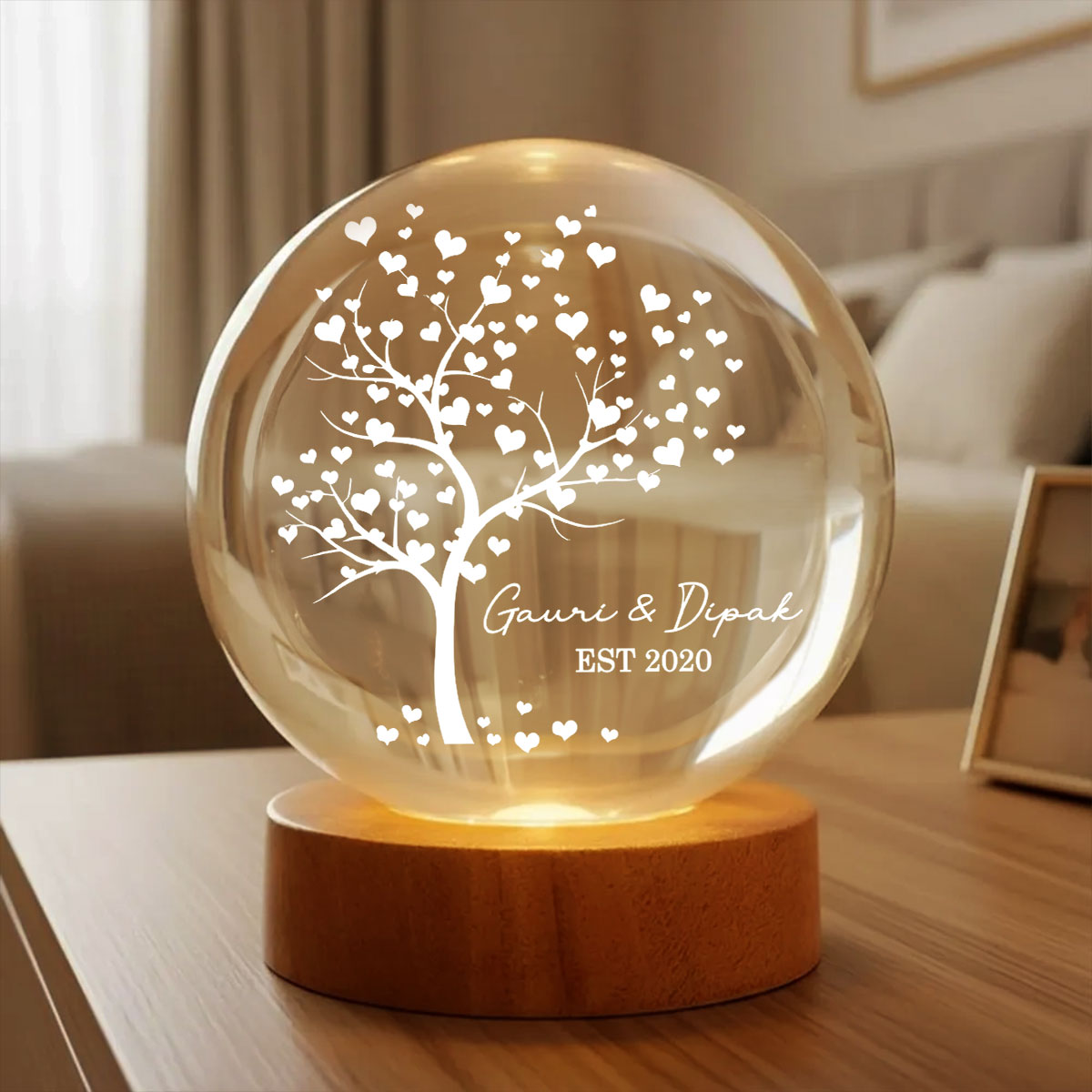 Tree Of Love Couple - Personalized Crystal Ball LED Night Light - Anniversary, Valentine's Day Gift, Gift For Him, Gift For Her