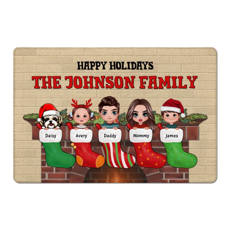 Christmas Stocking Doll Family Couple Kid Dog Cat Personalized Doormat