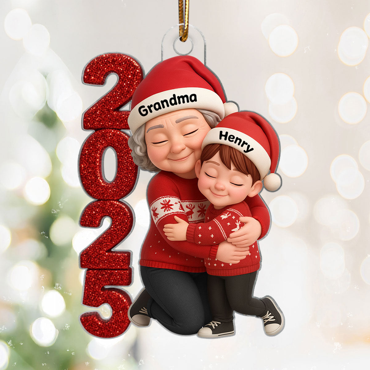 3D Crystal Effect 2025 Grandma Hugging Grandkids - Personalized Acrylic Ornament - Gift for Grandma, Grandkids