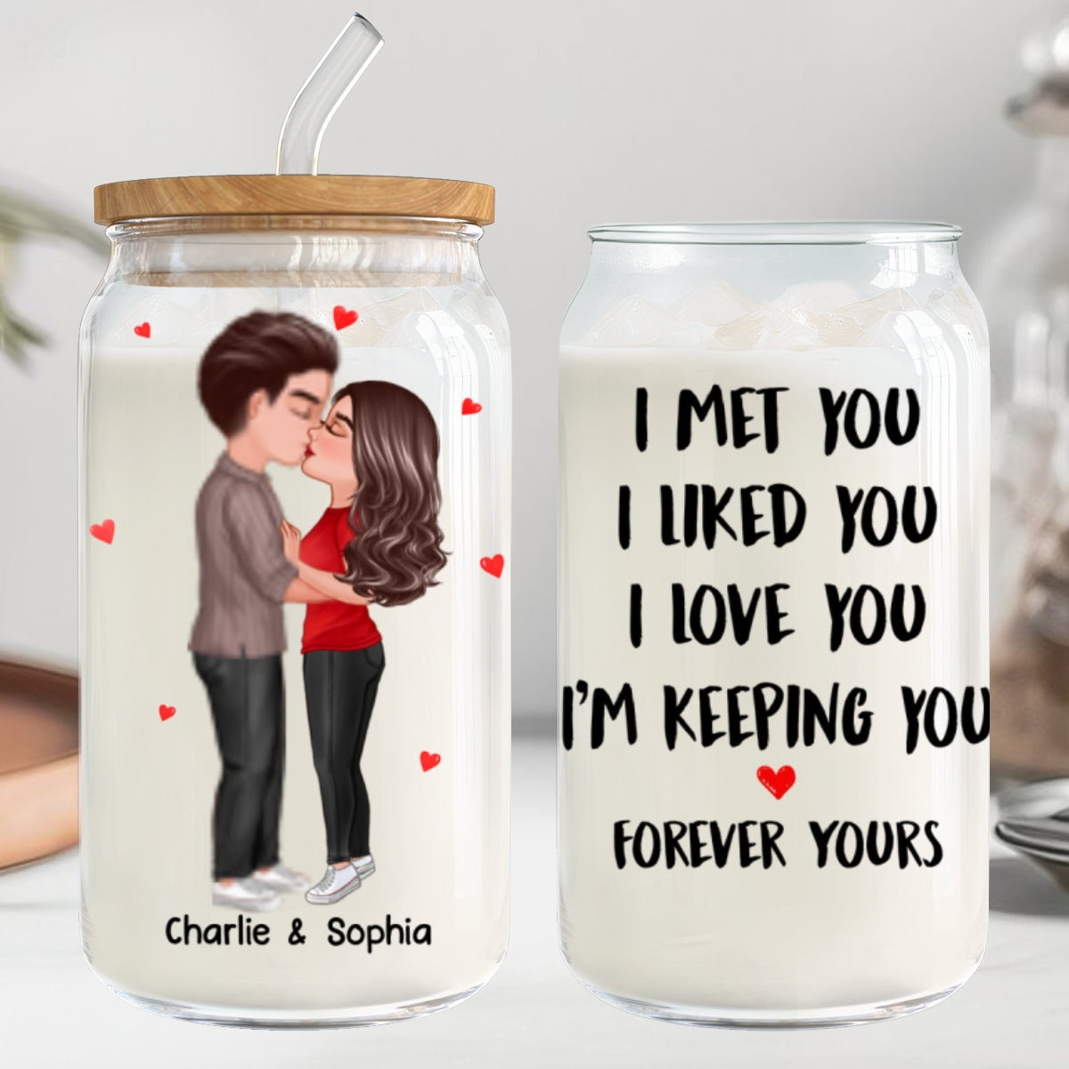 Couple Kissing I Met You Personalized Clear Glass Can