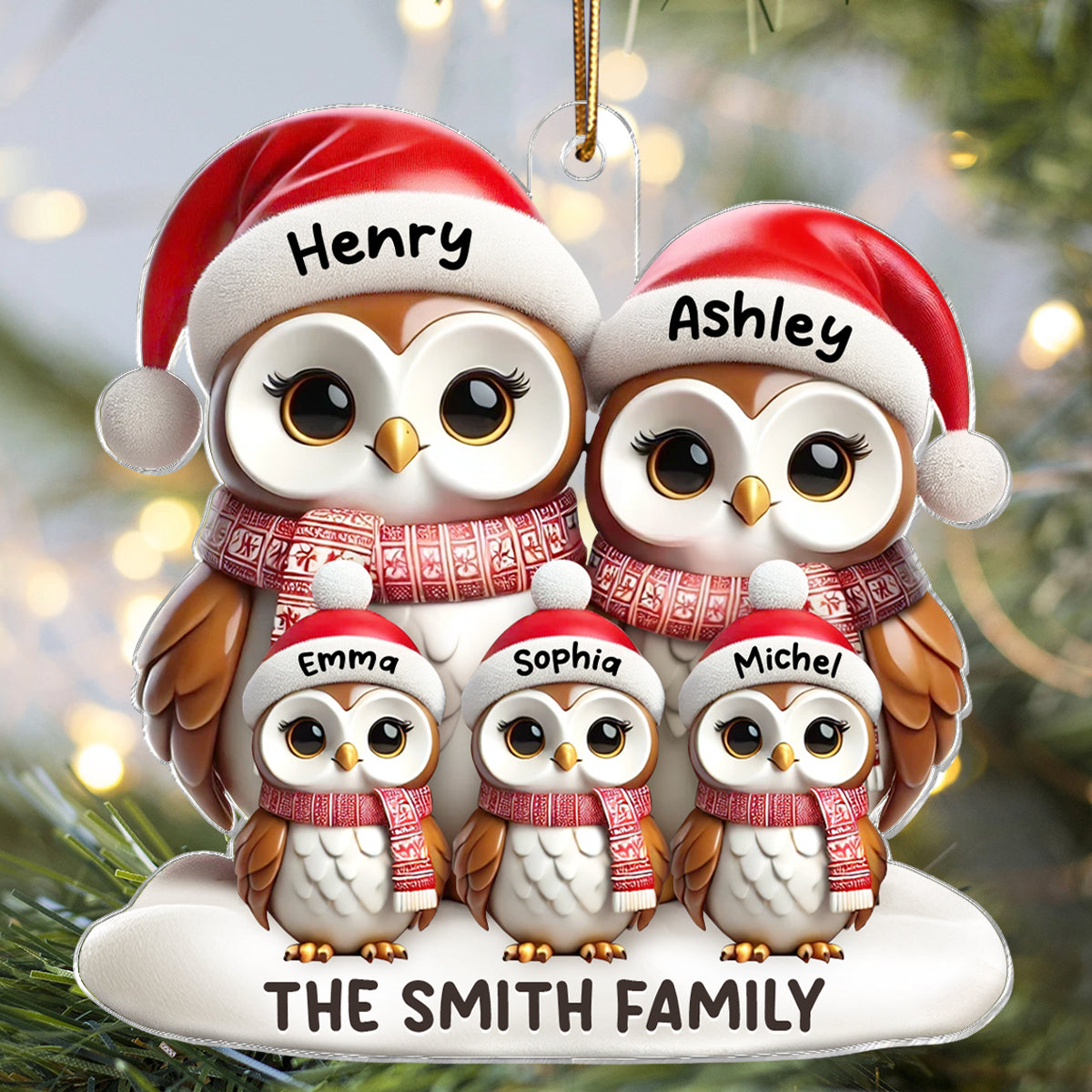 3D Effect Owl Family Christmas Personalized Acrylic Ornament