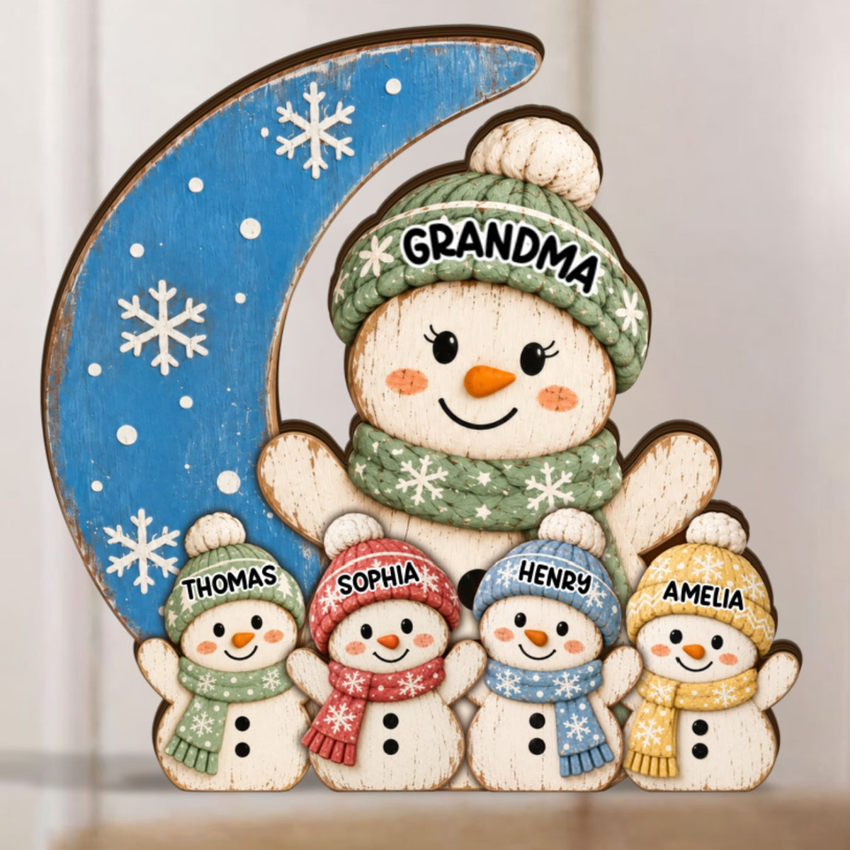 Cozy Rustic Christmas Vibe Grandma Grandkids On Moon - Personalized Wooden Block Plaque - Christmas Decor For Grandparents