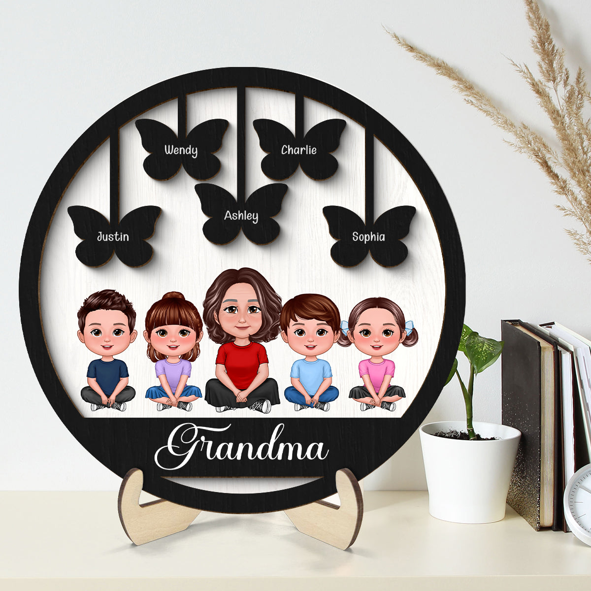 Grandma Grandkids Crossed Legs Butterflies Personalized 2-layer Wooden Plaque