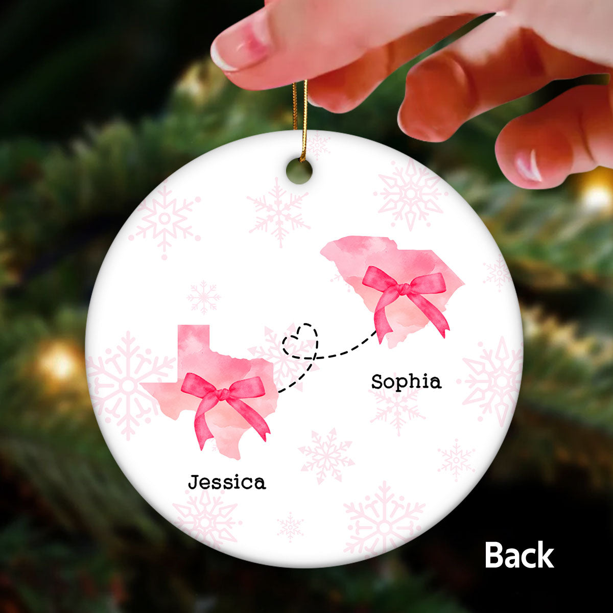 Long Distance Coquette State Map Best Friend Besties Moving Away Gift Personalized Double Sided Ceramic Ornament