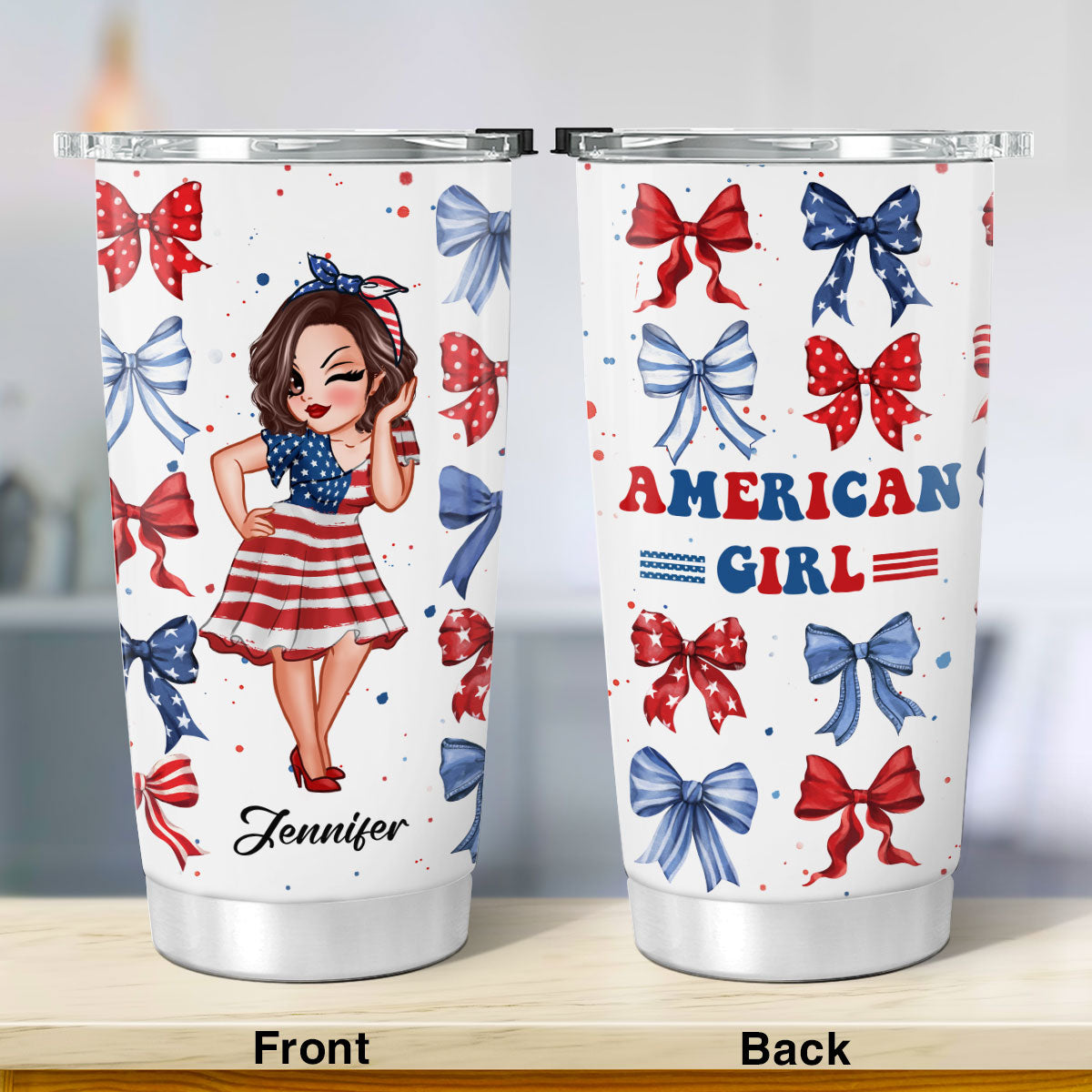 American Girl Nation Flag Bow Personalized Tumbler
