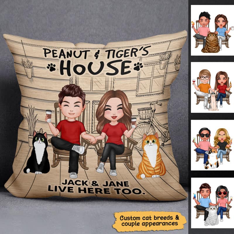 Cat‘s House Humans Live Here Too Funny Couple Personalized Pillow