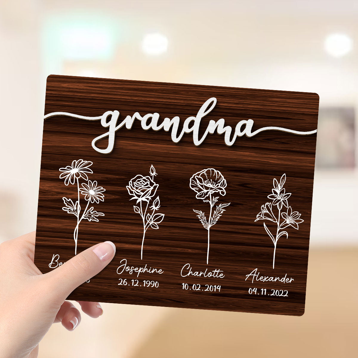 Grandma Grandkids Flowers Personalized 2-Layer Wooden Plaque